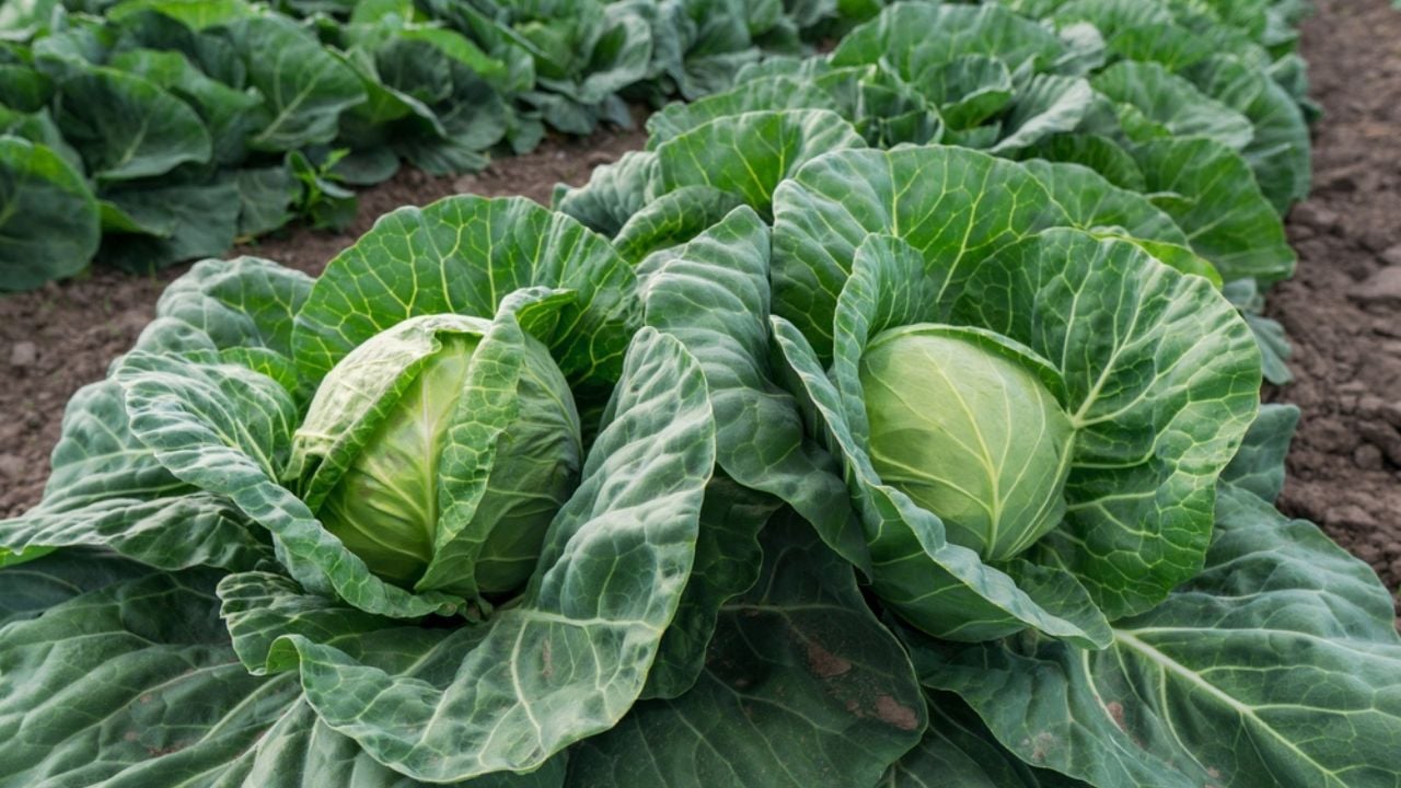 Young cabbage grows in the farmer field, growing cabbage in the open field. agricultural business