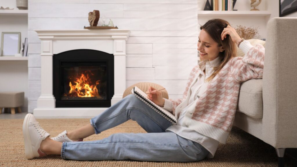 Young woman drawing in sketchbook with pencil at home with fireplace in the living rom
