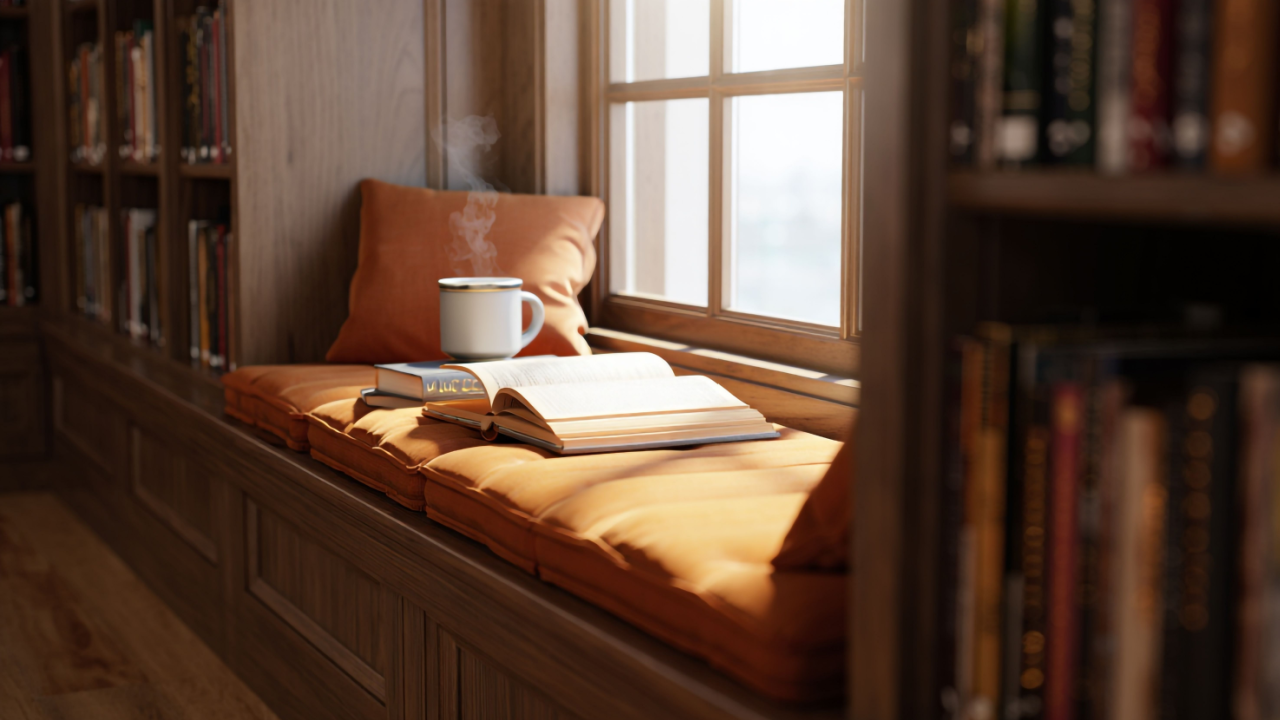 reading nook book and mug of coffee or tea