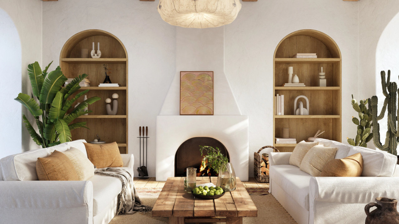 modern living rooms arched book shelves and fire place white couches house plants